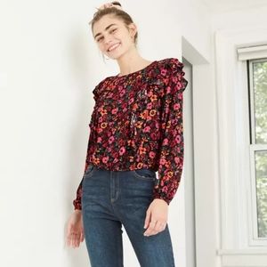 S Foral Print Long Sleeve Ruffle Blouse Wild Fable
